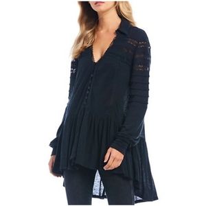 FREE PEOPLE Linen Blend Boho Lace Blue Long Sleeve High Low Ruffled Tunic Top